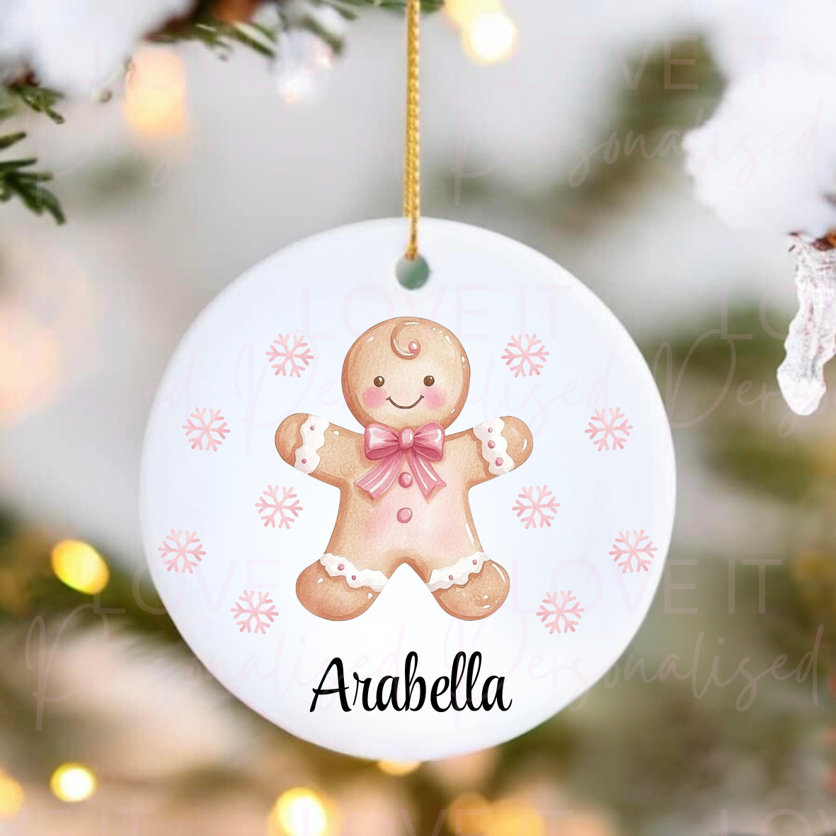 Personalised Christmas Ceramic Ornament - Pink/Blue Gingerbread Design