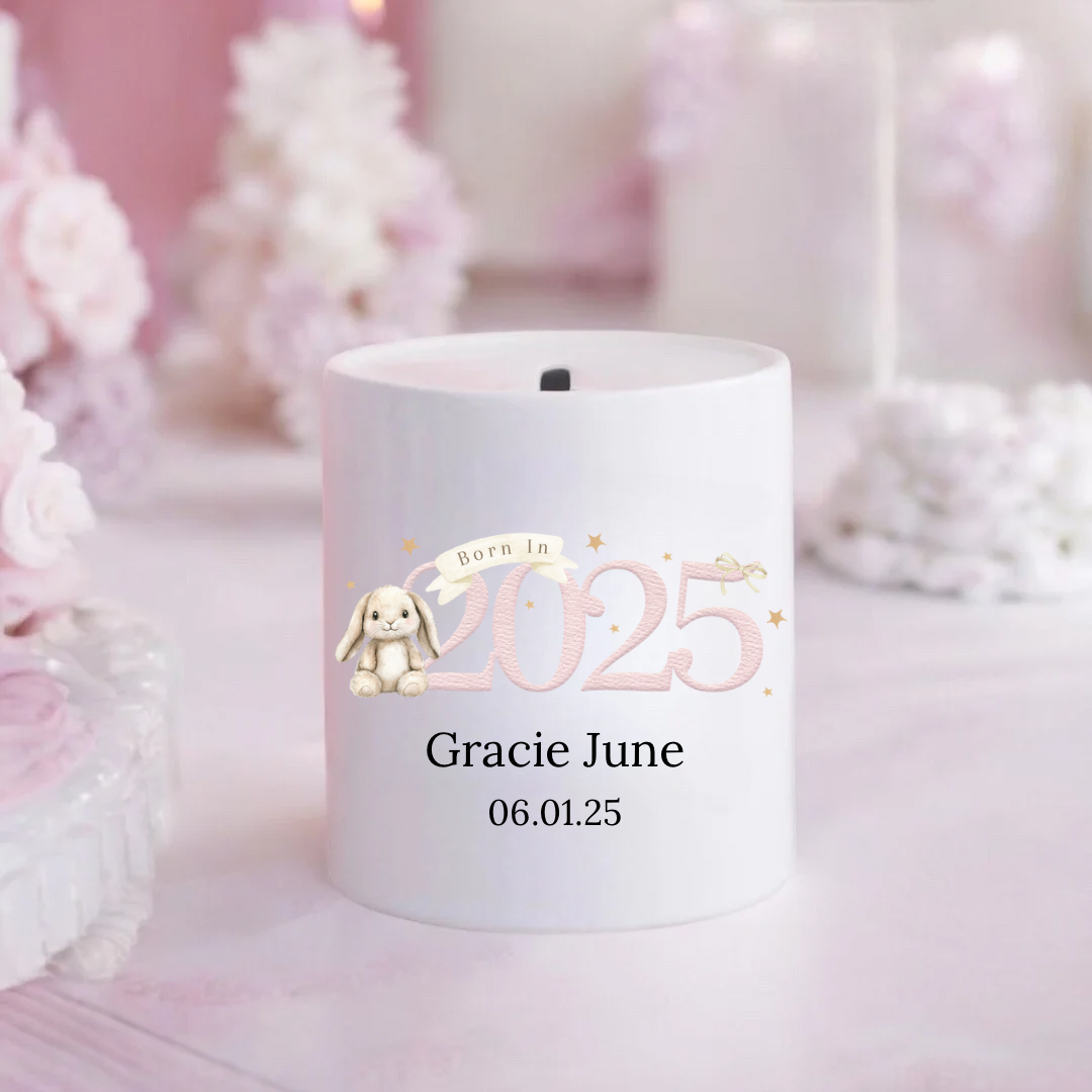 Personalised Pink Born in 2025 Bunny Money Box