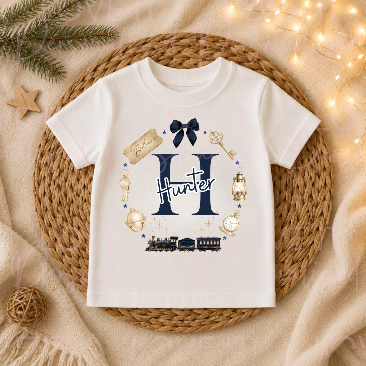 Personalised Christmas Train Wreath T-Shirt - Navy/Pink/Red