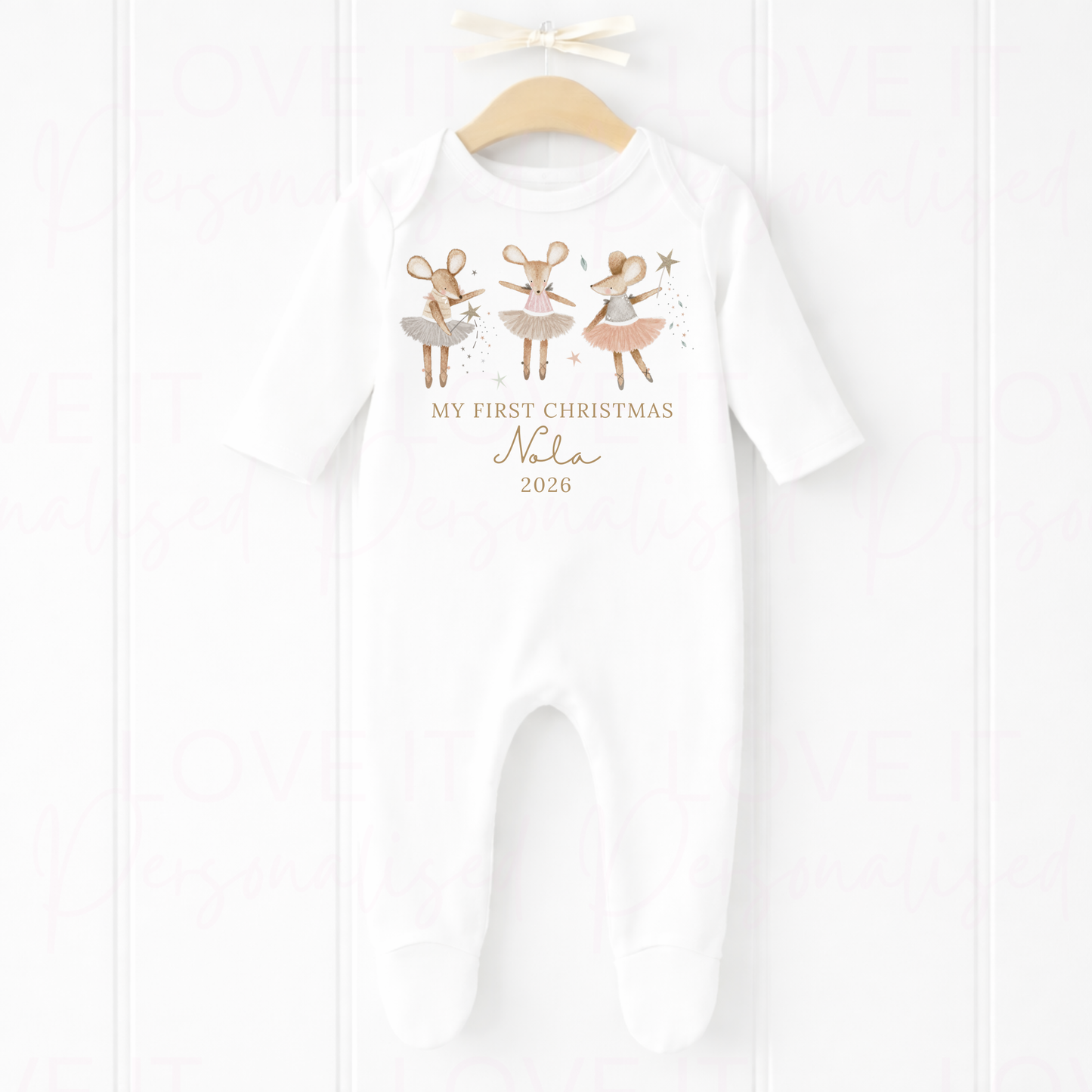 Personalised First Christmas Girl Mouse Bib/Bodysuit/Sleepsuit
