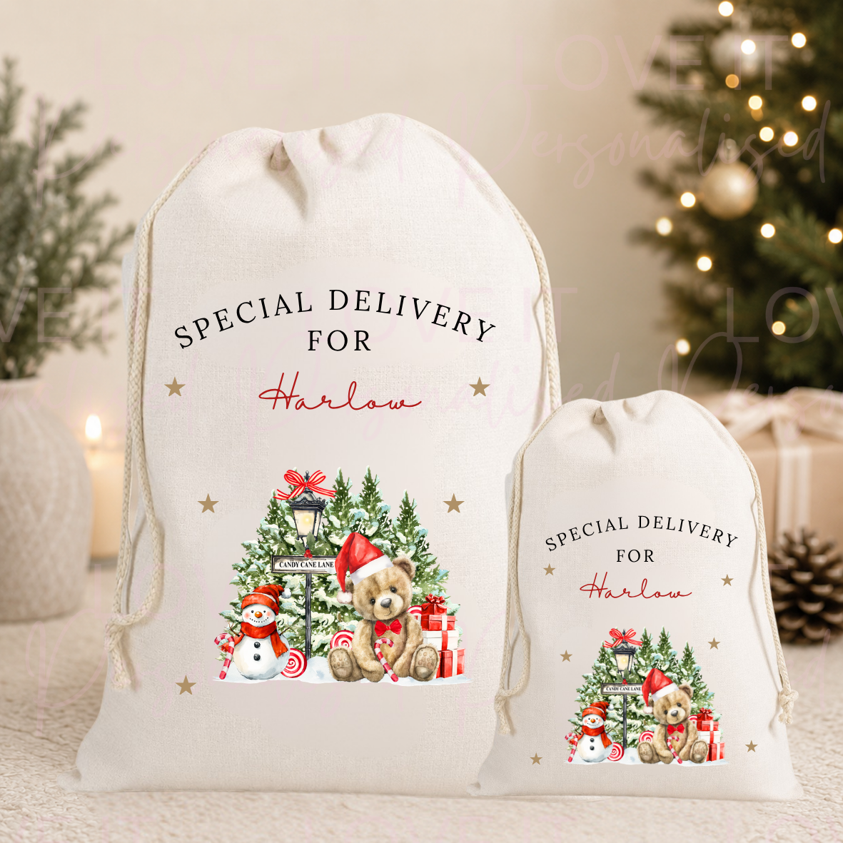 Personalised Christmas Red Bear Stocking/Sack