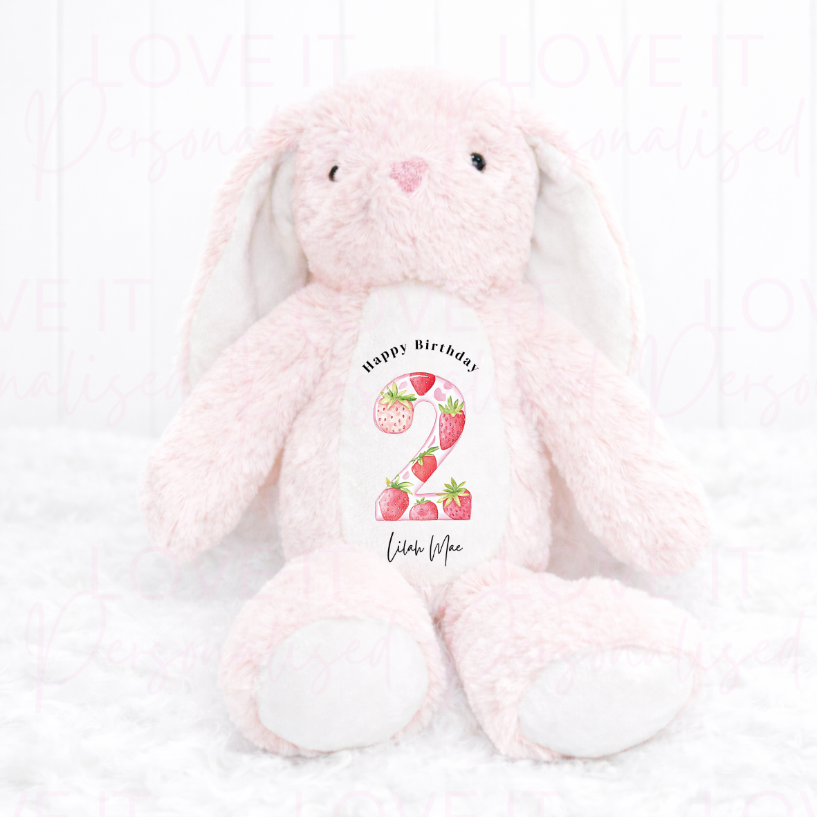 Personalised Strawberry Birthday Bunny Teddy - 1/2/3 Birthday Gift