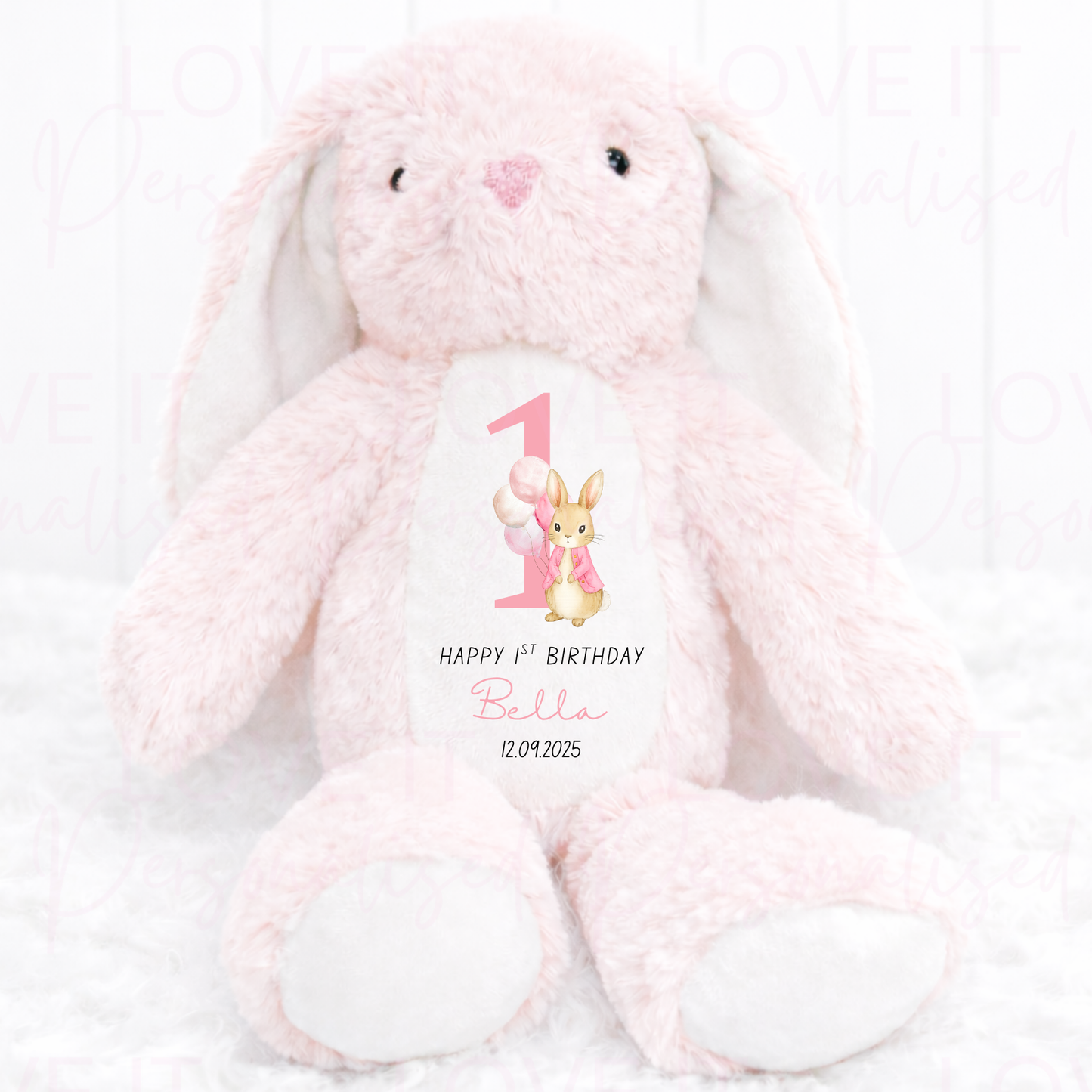 Personalised Birthday Bunny Teddy - Pink/Blue/Beige