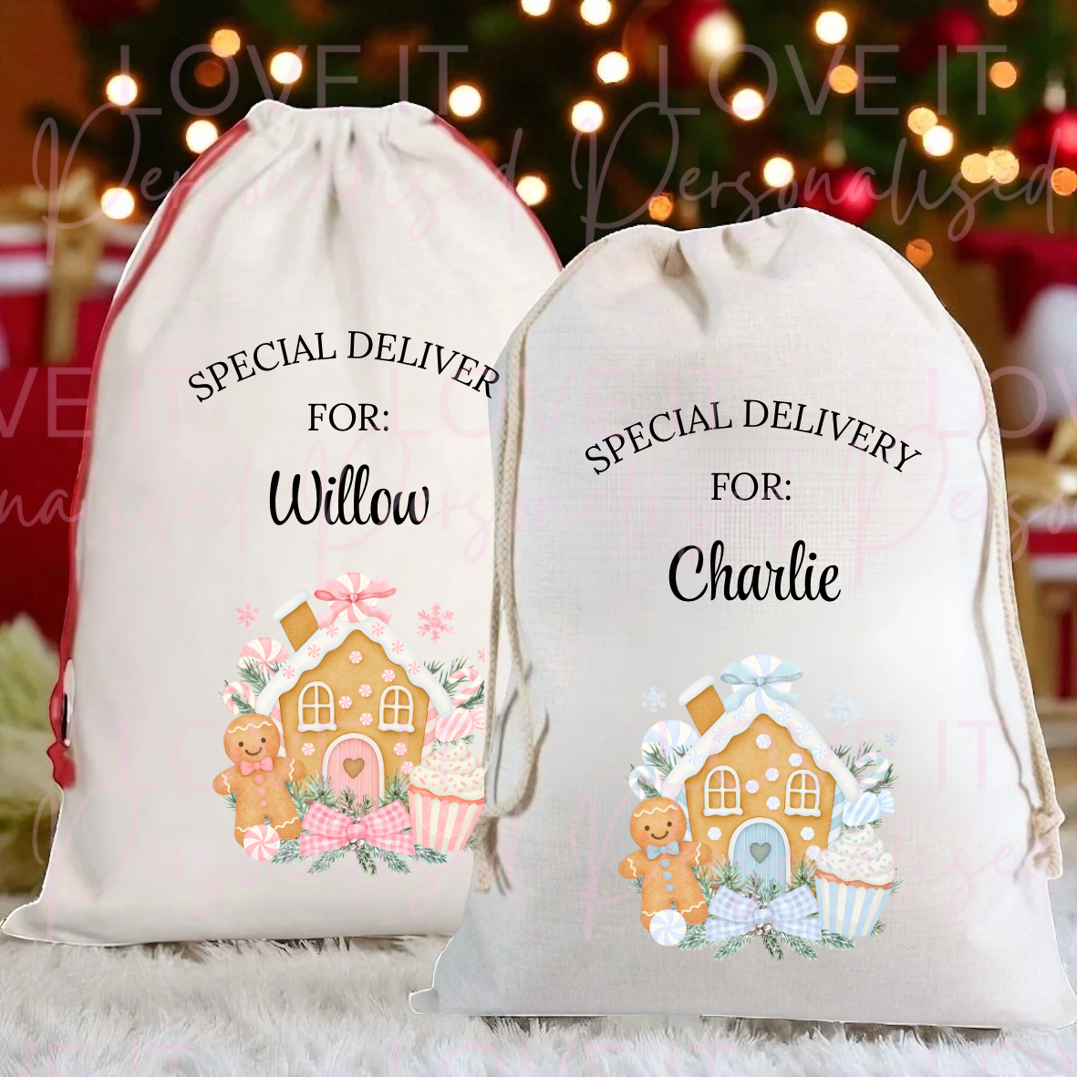 Personalised Christmas Gingerbread House Stocking/Sack