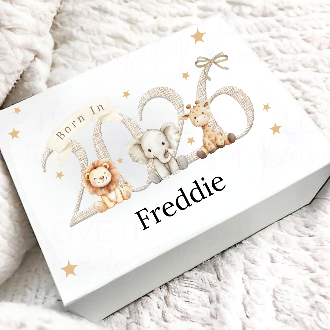 Personalised Born In 2026 Safari Animal Magnetic Gift/Memory Box