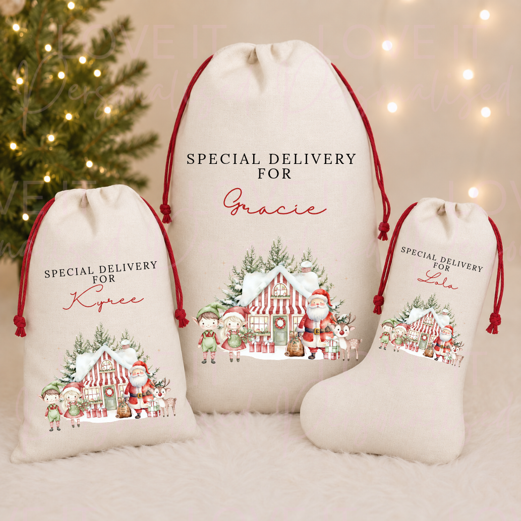 Personalised Santa Grotto Christmas Linen Stocking/Sack