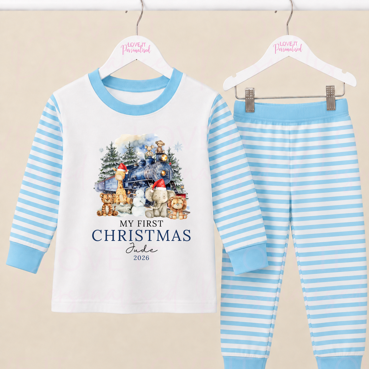 Personalised First Christmas Safari Animal Train Children's Pyjamas