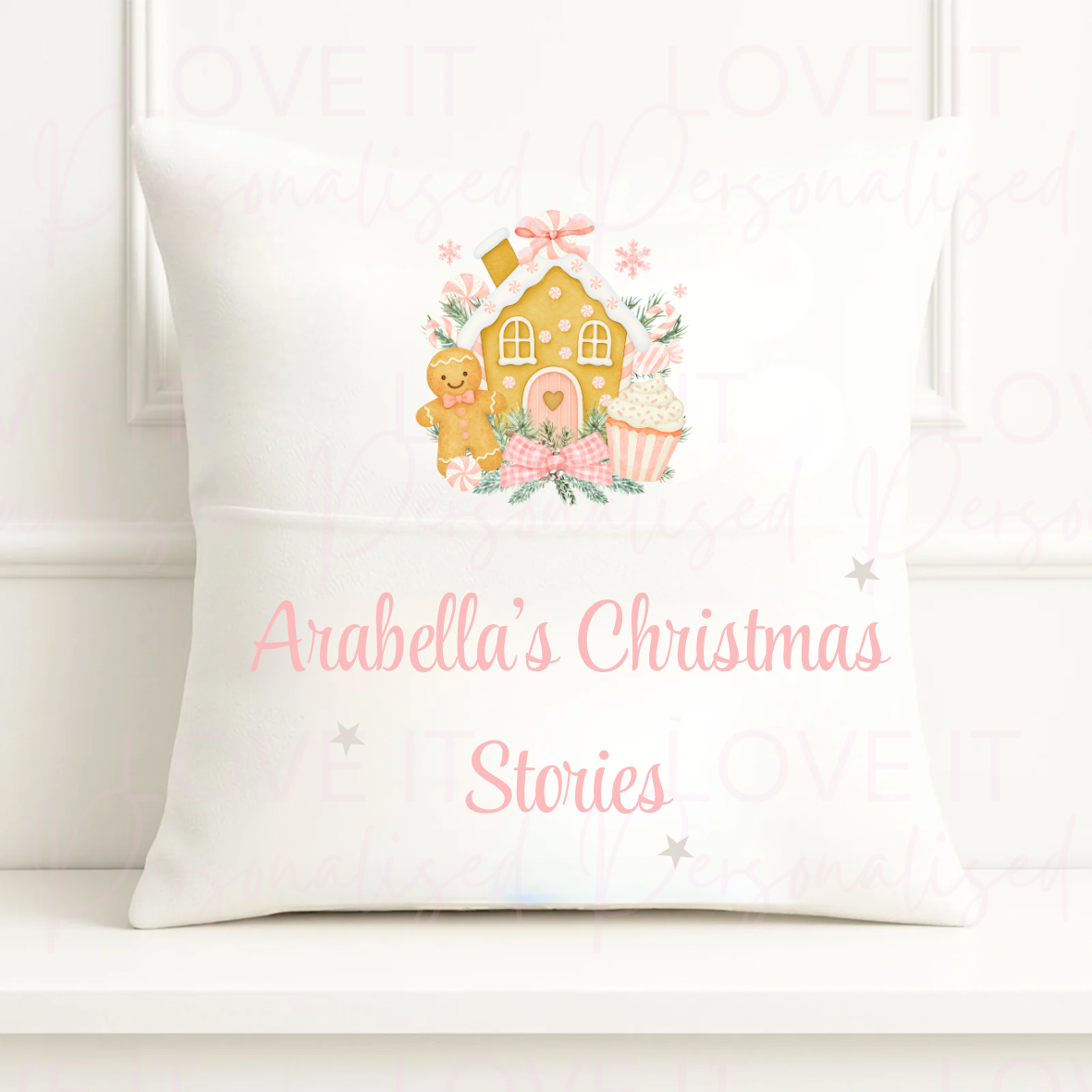 Personalised Christmas Pocket Cushion - Pink/Blue Gingerbread Housd Design