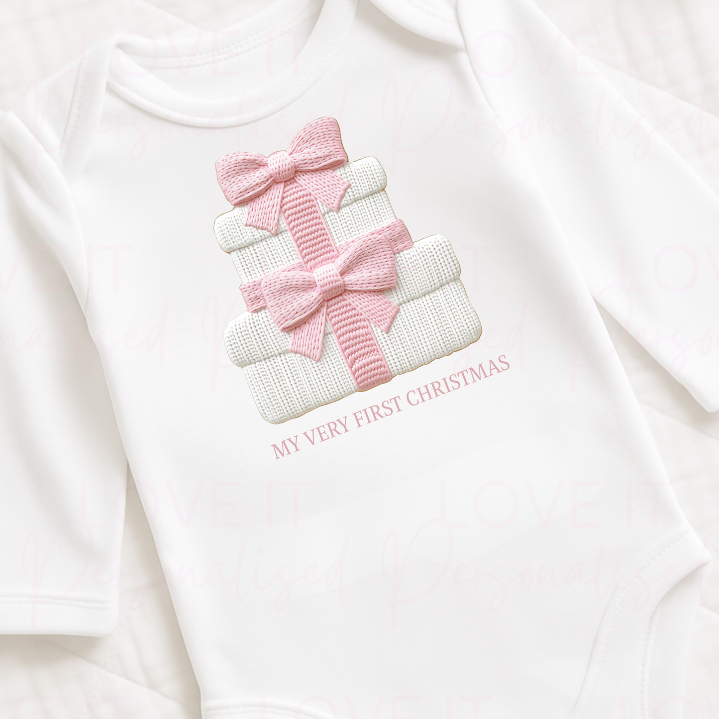 First Christmas Pink Knitted Effect Baby Bodysuit - Short/Long Sleeve