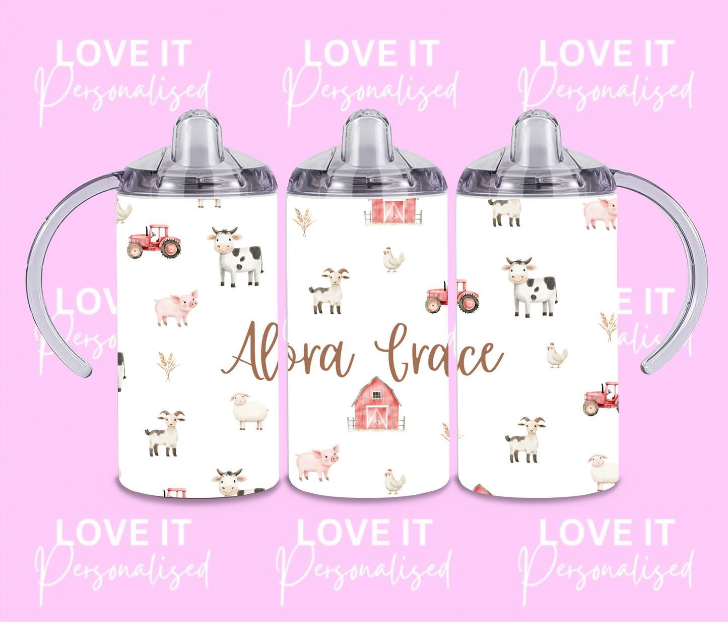 Personalised Farm Animal Children's Sippy Cup (two lids)