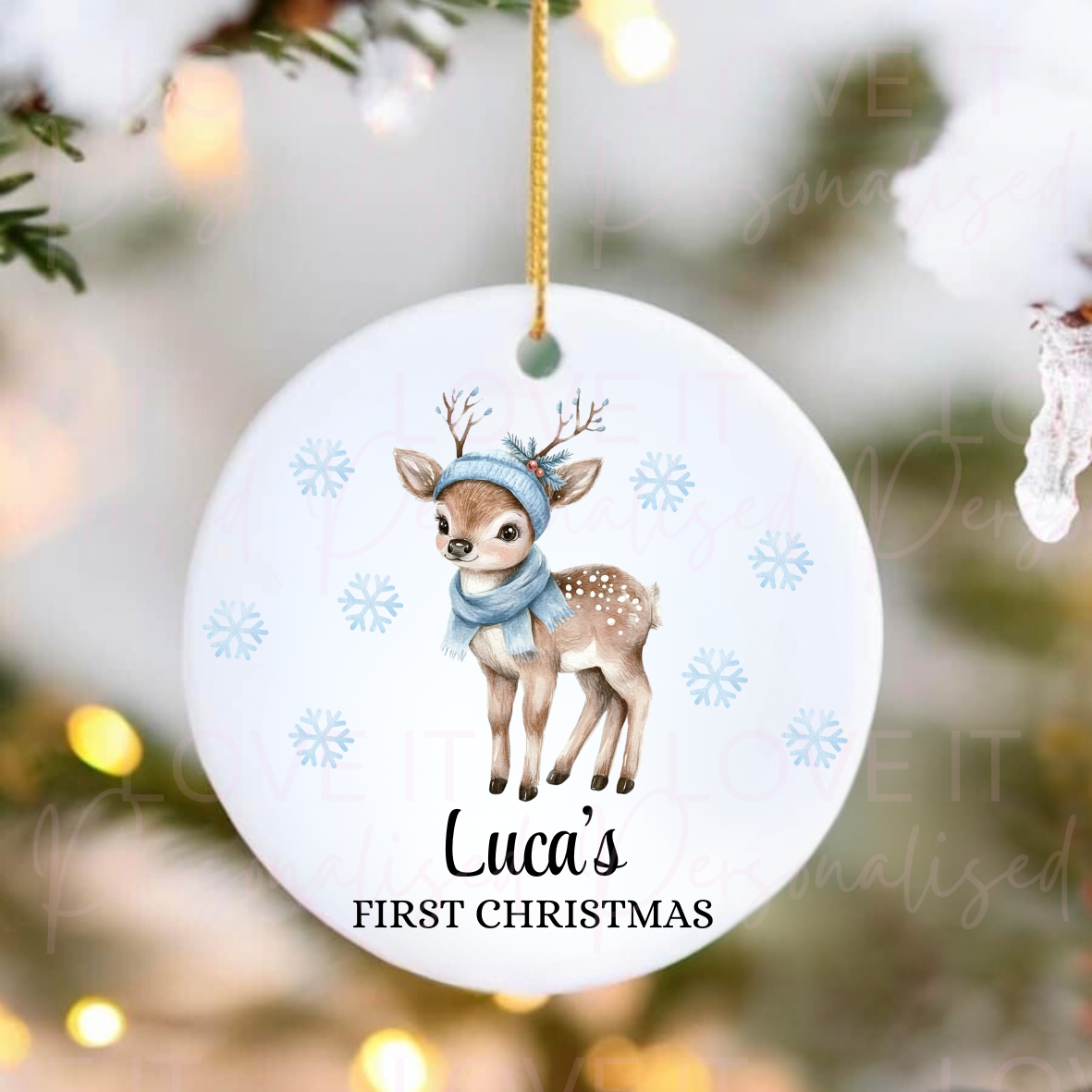 Personalised First Christmas Ceramic Ornament - Pink/Blue Reindeer Design