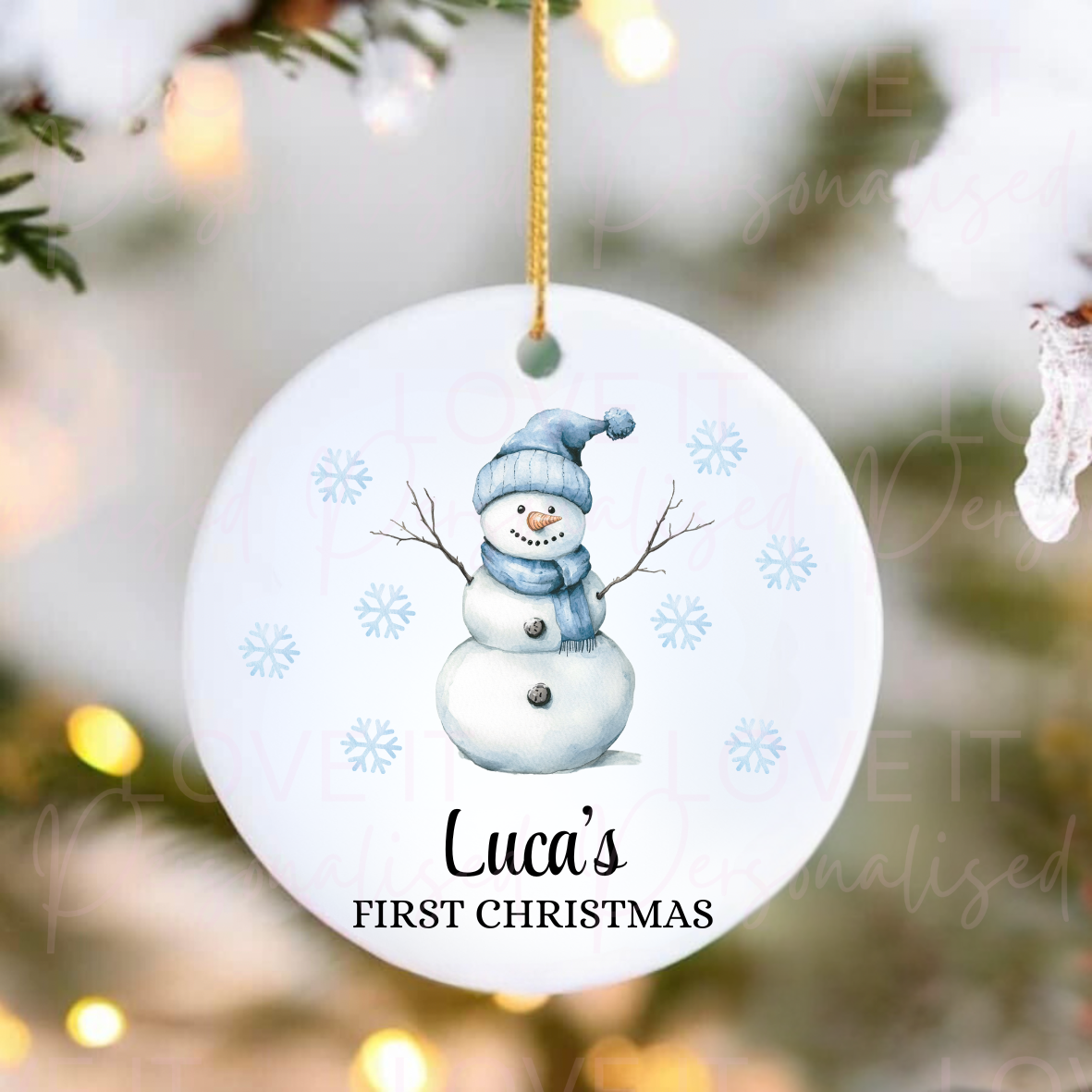 Personalised First Christmas Ceramic Ornament - Pink/Blue Snowman Design