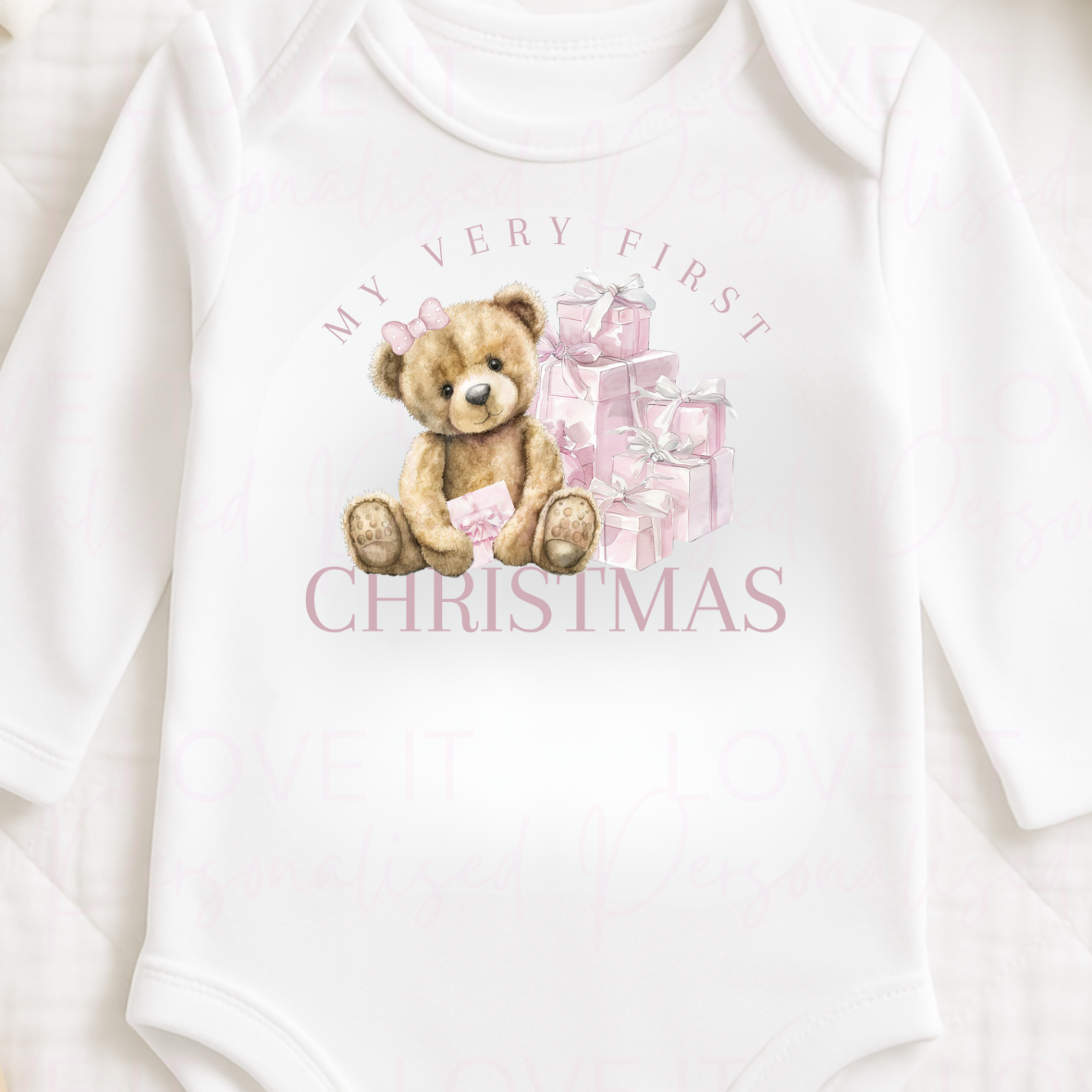 First Christmas Pink/Blue Bear Baby Bodysuit - Short/Long Sleeve