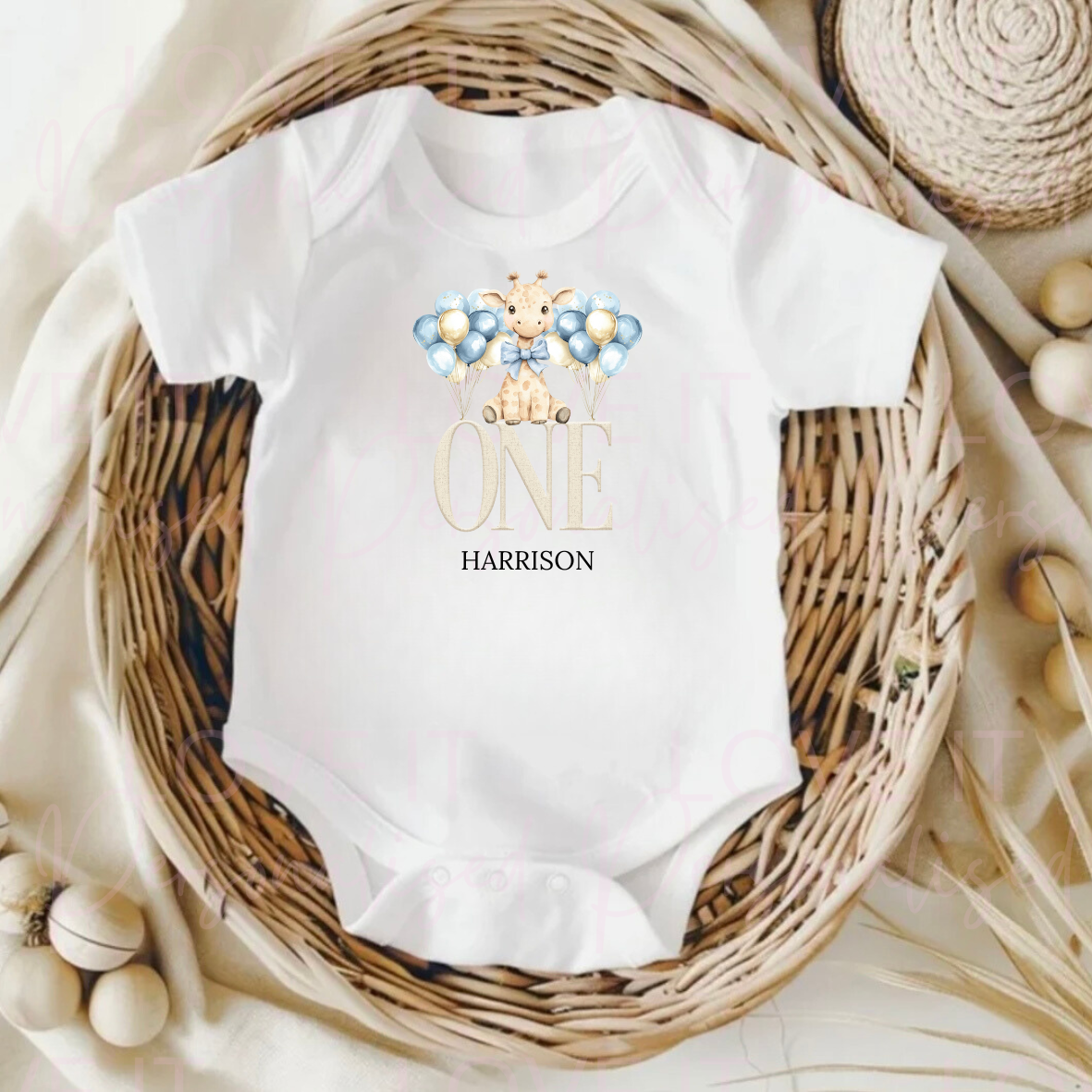 Personalised Blue Giraffe First Birthday Baby Bodysuit