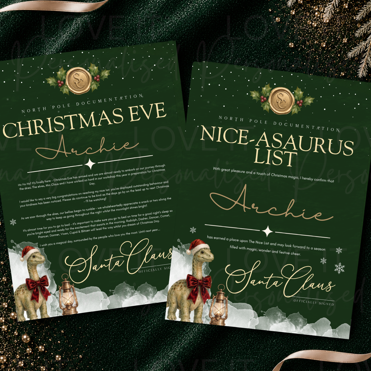 Personalised Nice List/Christmas Eve Letter & Certificate - Dinosaur Design