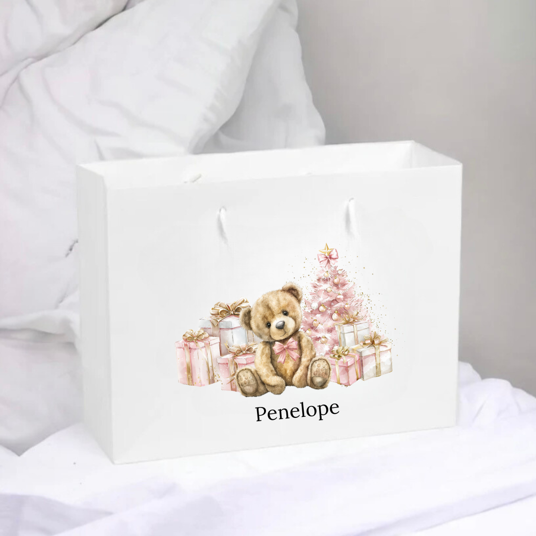 Personalised Christmas Gift Bag - Pink Or Blue Bear Design