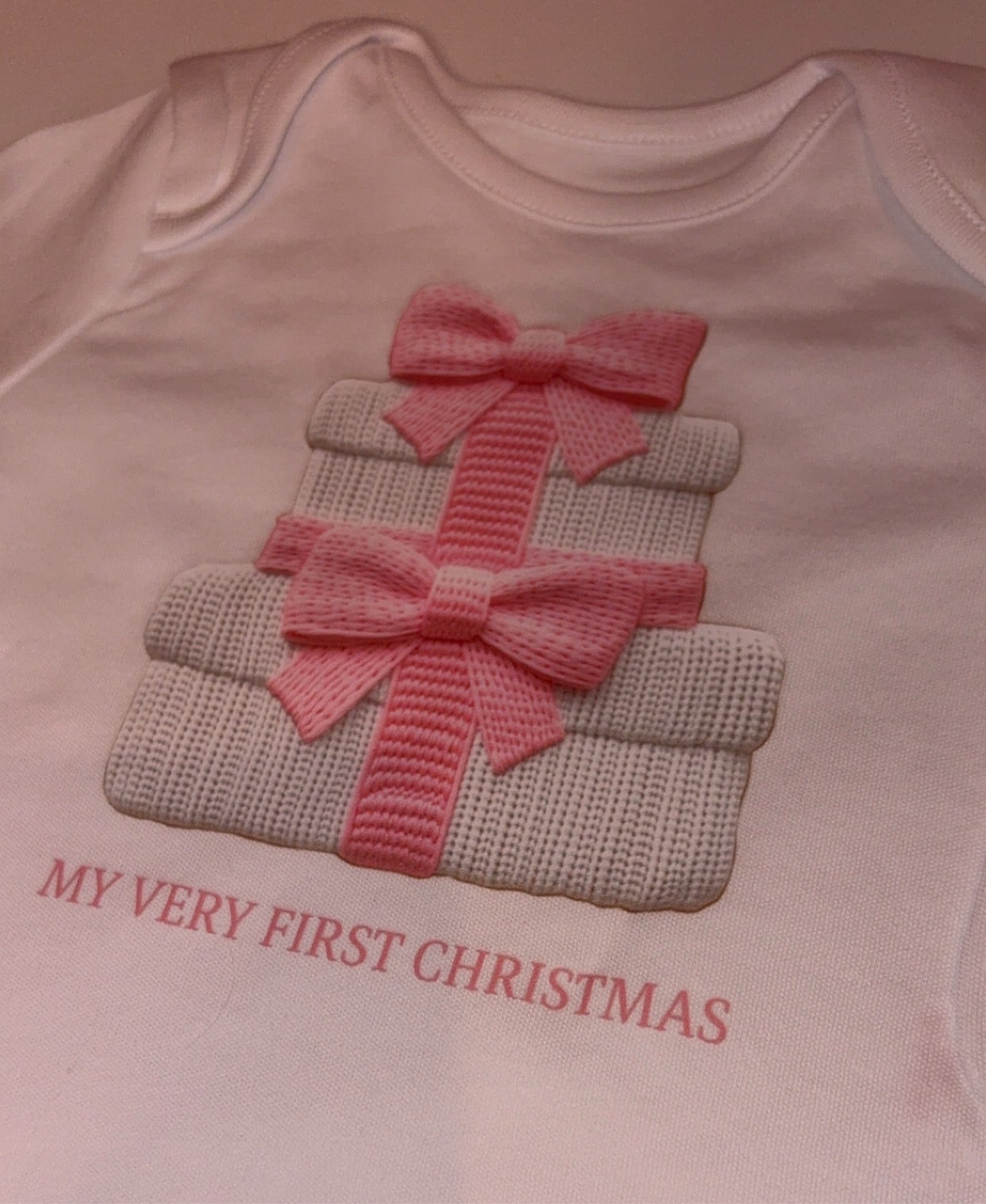 First Christmas Pink Knitted Effect Baby Bodysuit - Short/Long Sleeve