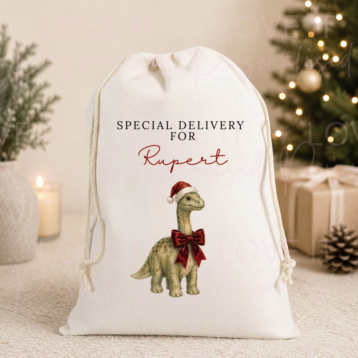 Personalised Dinosaur Christmas Linen Stocking/Sack