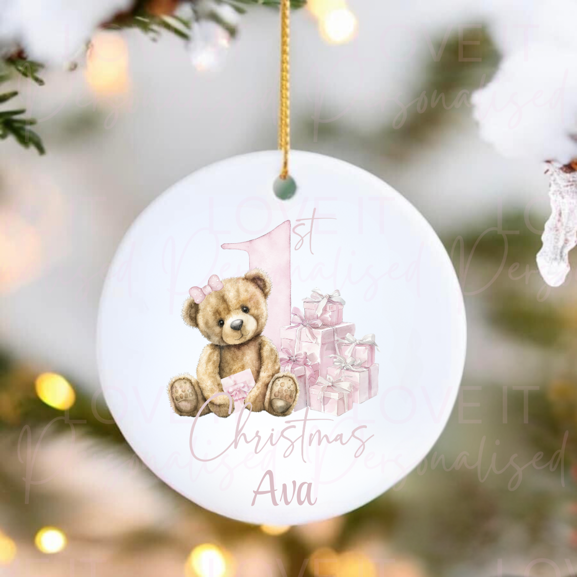 Personalised Ceramic Christmas Ornament - Pink Or Blue 1st Christmas Bear Design