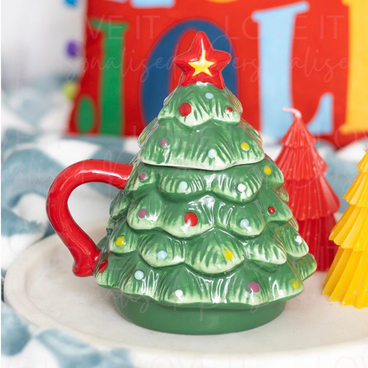 Green/Red Christmas Tree Shaped Mug With Lid
