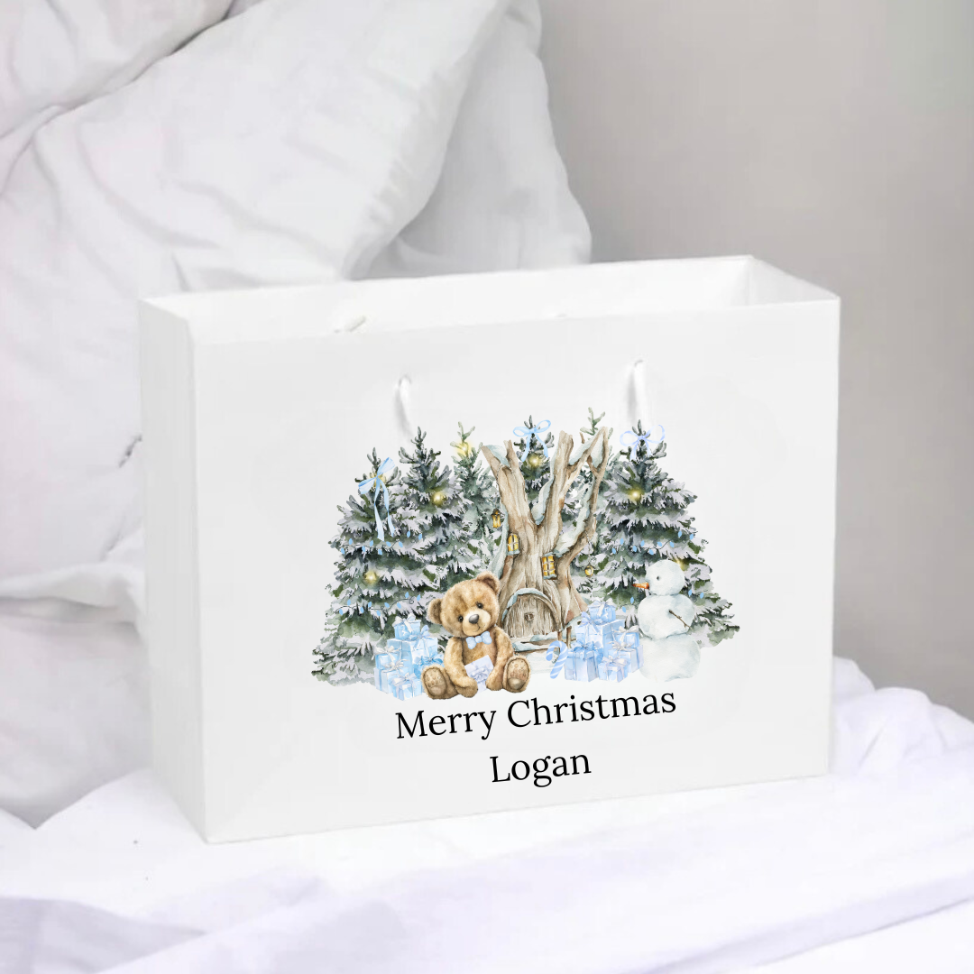 Personalised Christmas Gift Bag - Pink Or Blue Bear Design