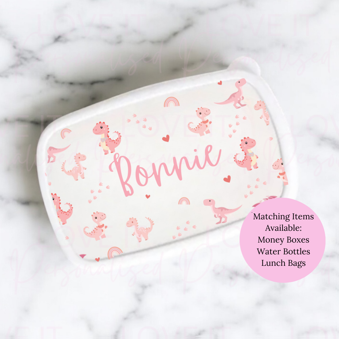Personalised Pink Dinosaur Lunch/Snack Box