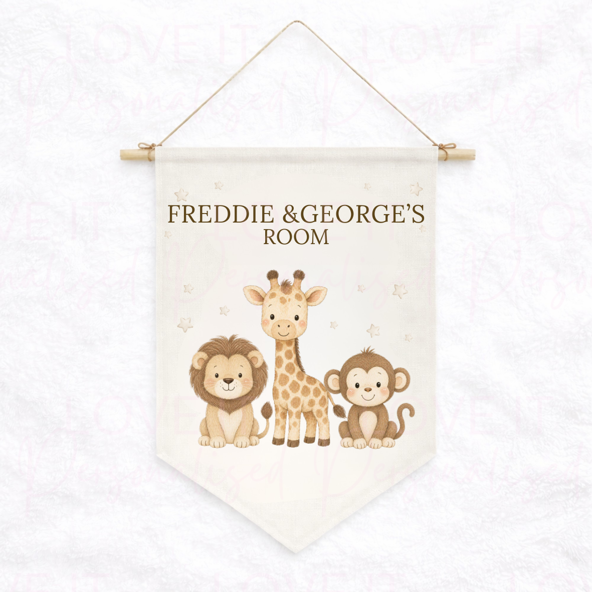 Personalised Safari Animal Nursery/Bedroom Decor Linen Hanging Flag Pennant