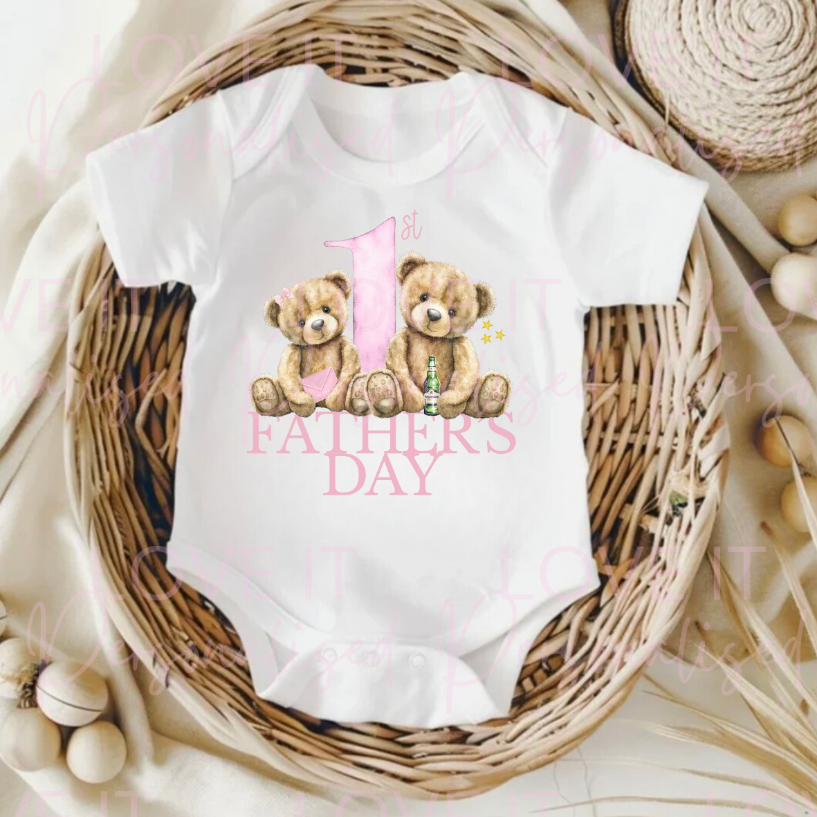 1st Father's Day Bear Baby Bodysuit - Pink/Blue - Short/Long Sleeve