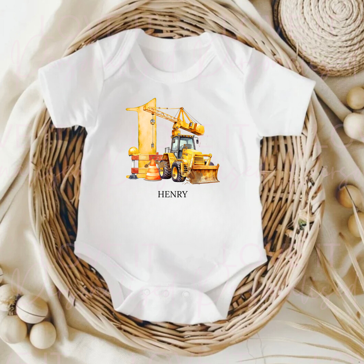 Personalised Digger First Birthday Baby Bodysuit
