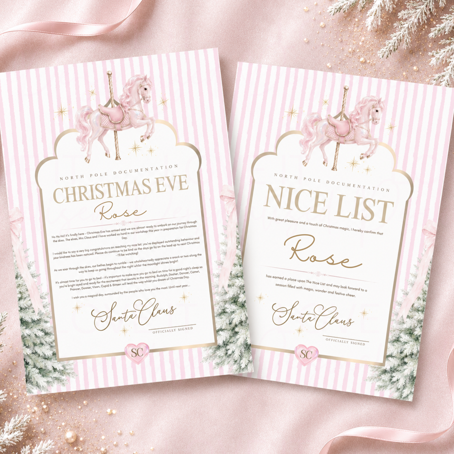 Personalised Nice List/Christmas Eve Letter & Certificate - Carousel Horse Design