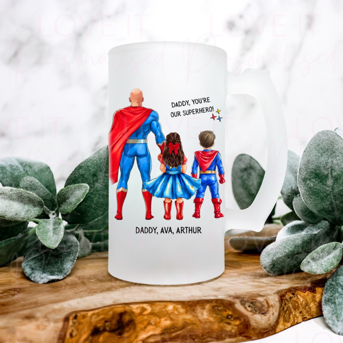 Personalised Super Hero Frosted Beer Stein - Up to 4 Children