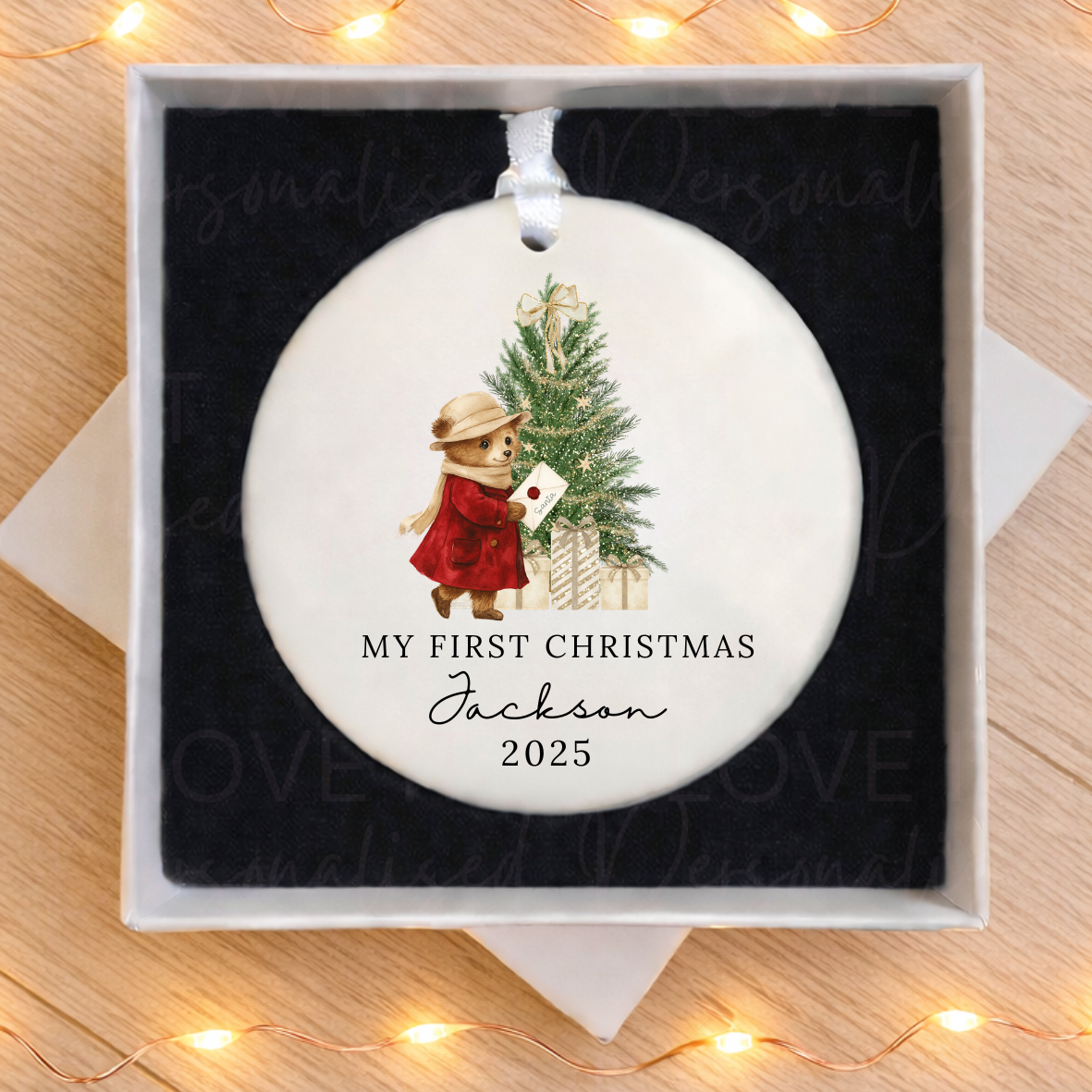 Personalised First Christmas Ceramic Ornament - Red Bear/Bunny Design