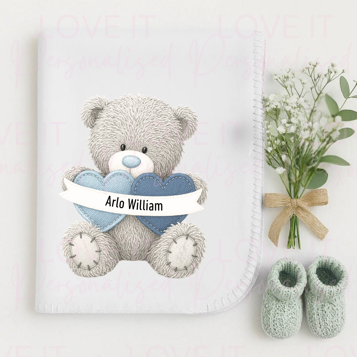 Personalised Bear White Baby Blanket - Blue/Pink/Green