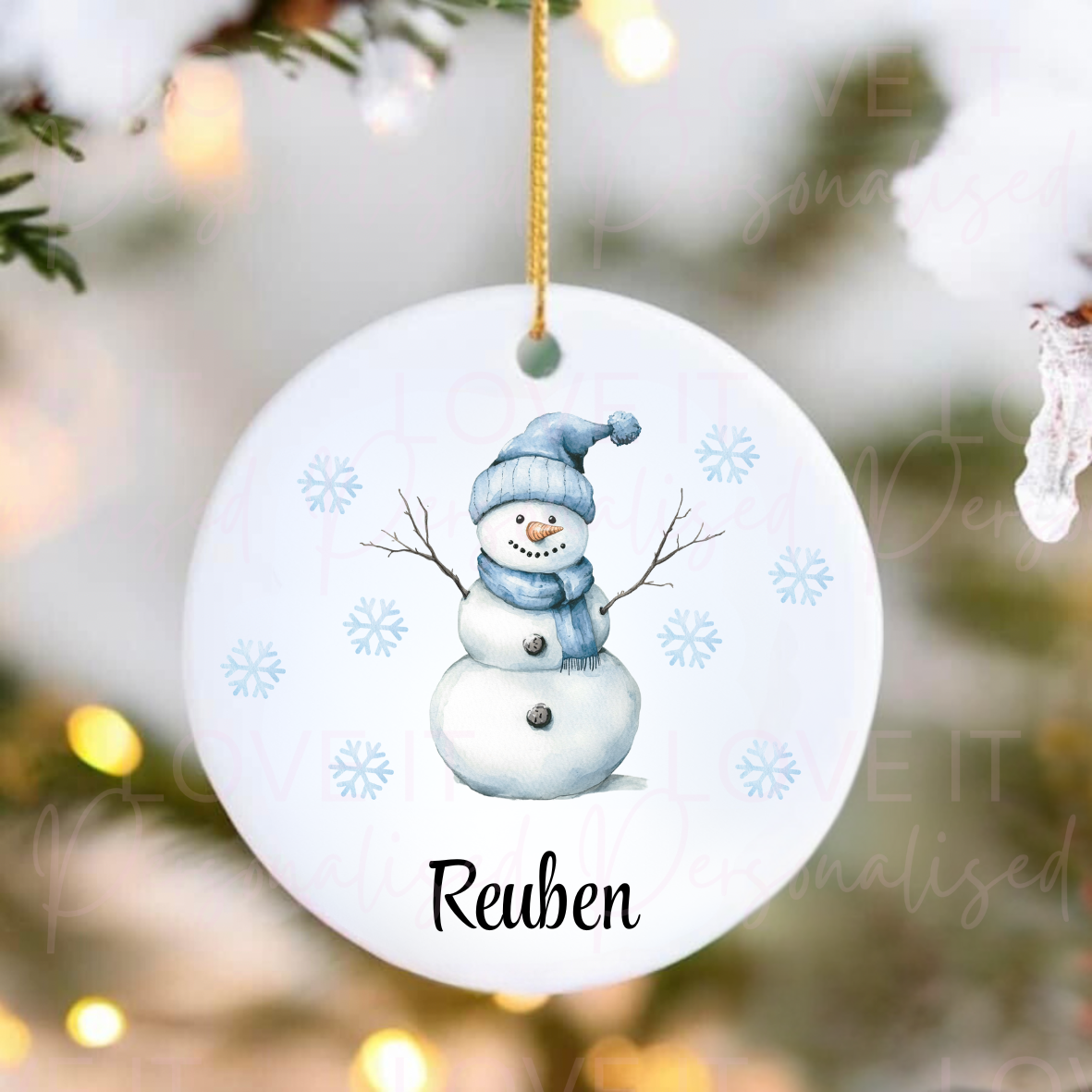 Personalised Christmas Ceramic Ornament - Pink/Blue Snowman Design