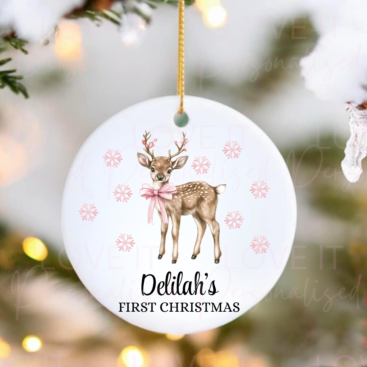 Personalised First Christmas Ceramic Ornament - Pink/Blue Reindeer Design