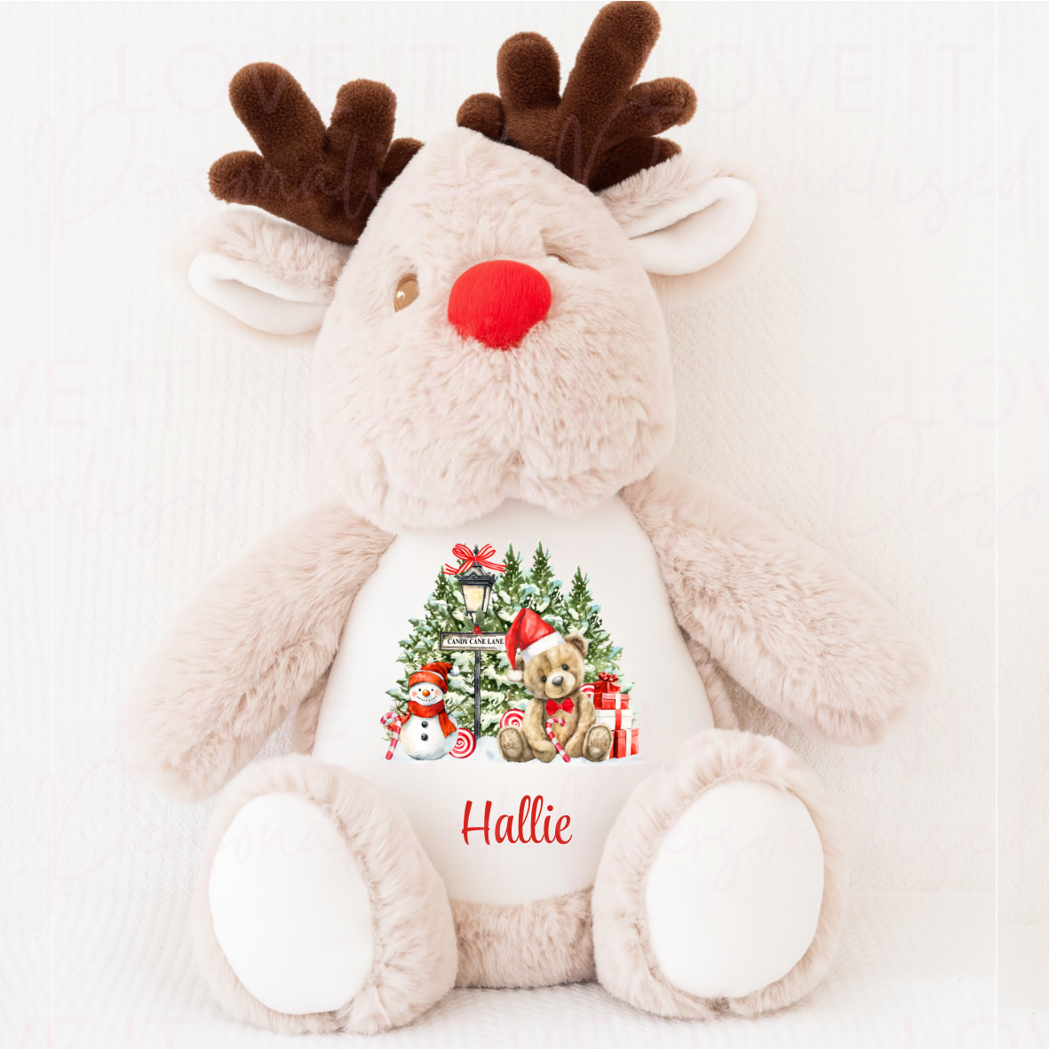 Personalised Christmas Reindeer Teddy - Red Bear Scene Design