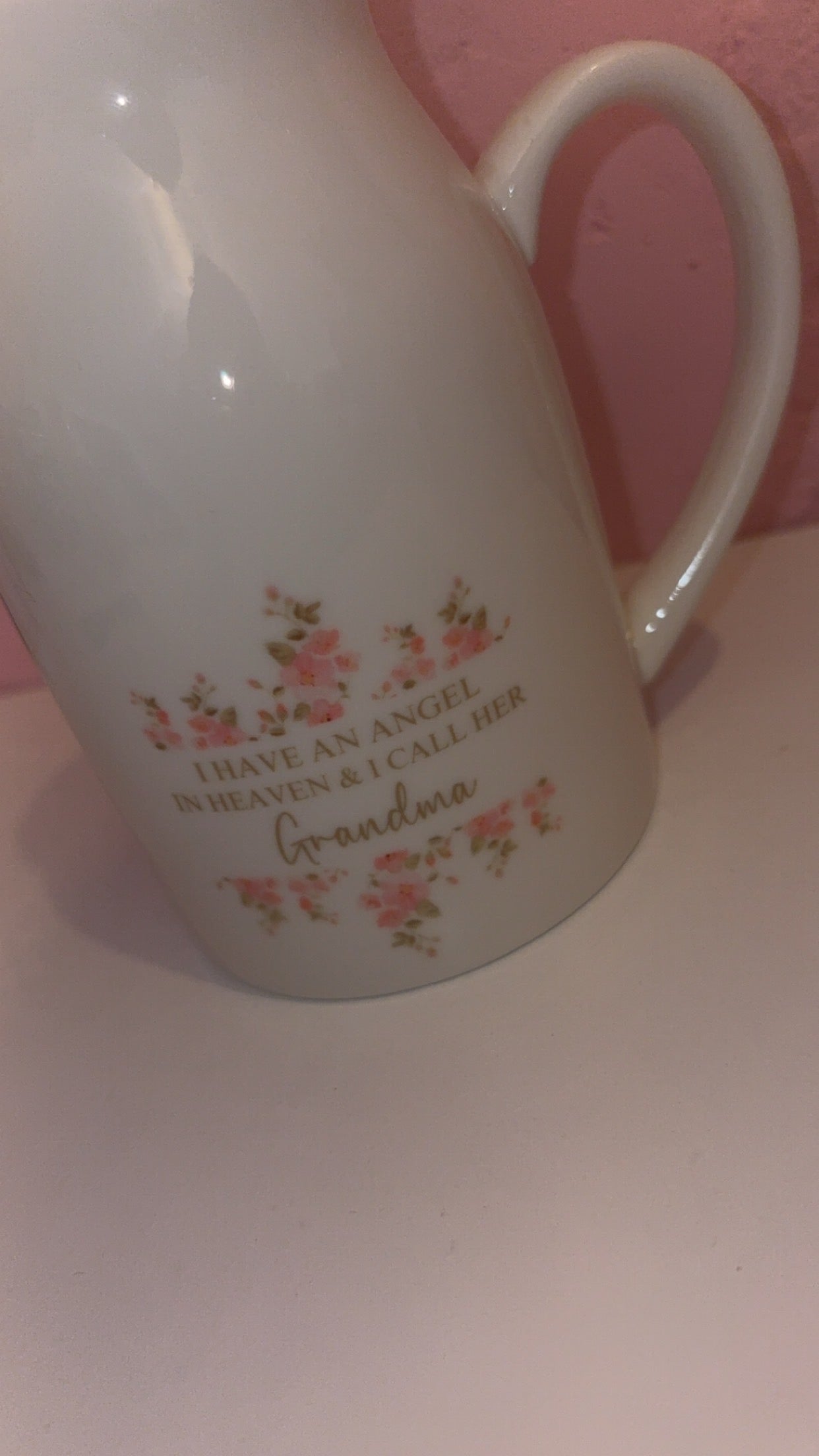 I Have A Angel In Heaven I Call… Pink Floral Ceramic Vase/Milk Jug