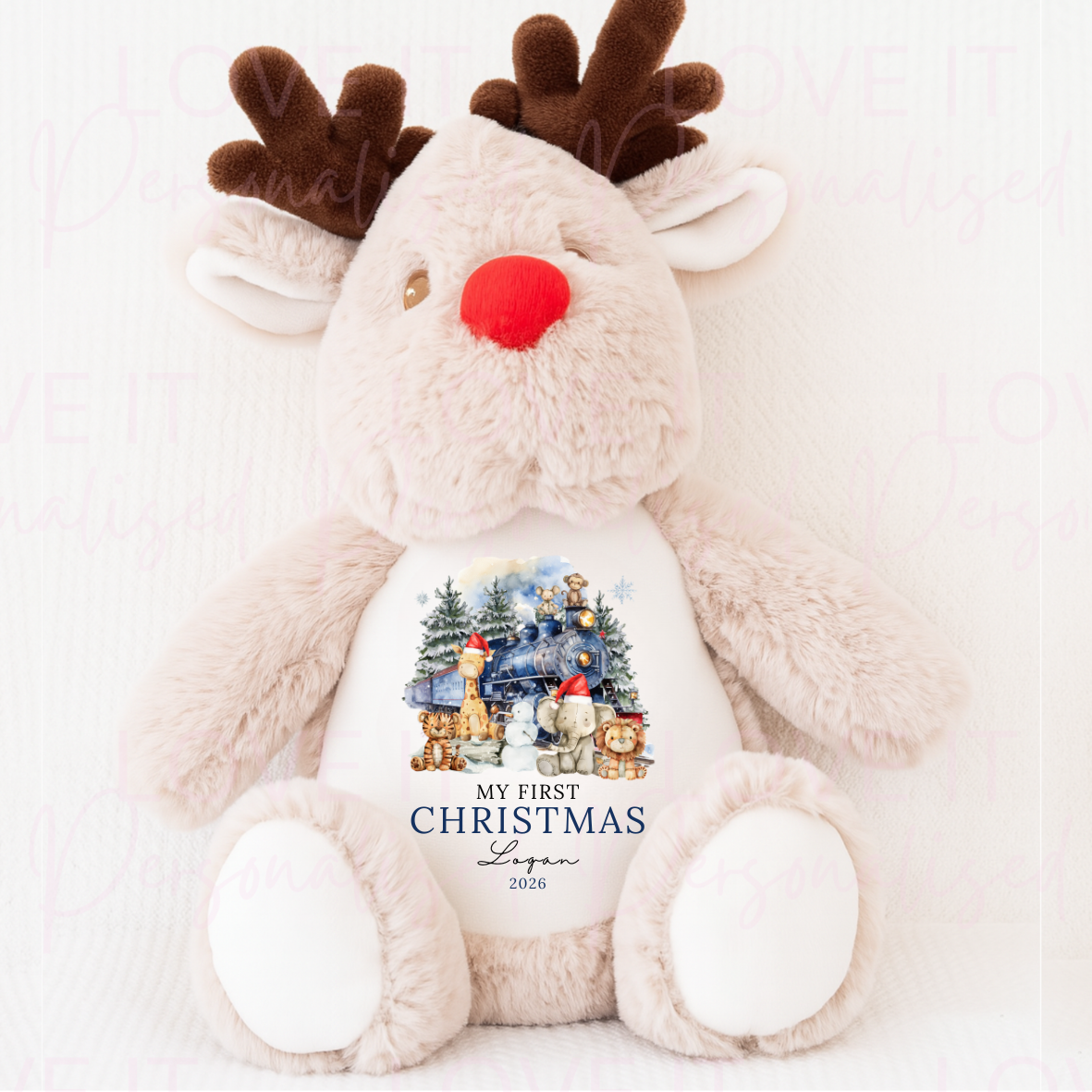 Personalised First Christmas Safari Animal Train Reindeer Teddy