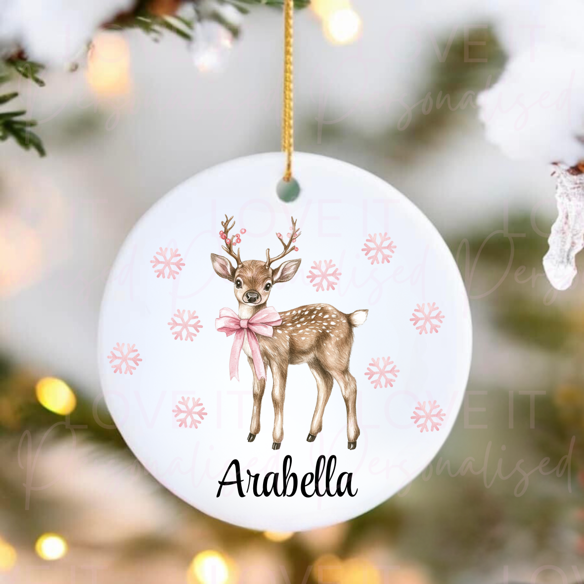 Personalised Christmas Ceramic Ornament - Pink/Blue Reindeer Design