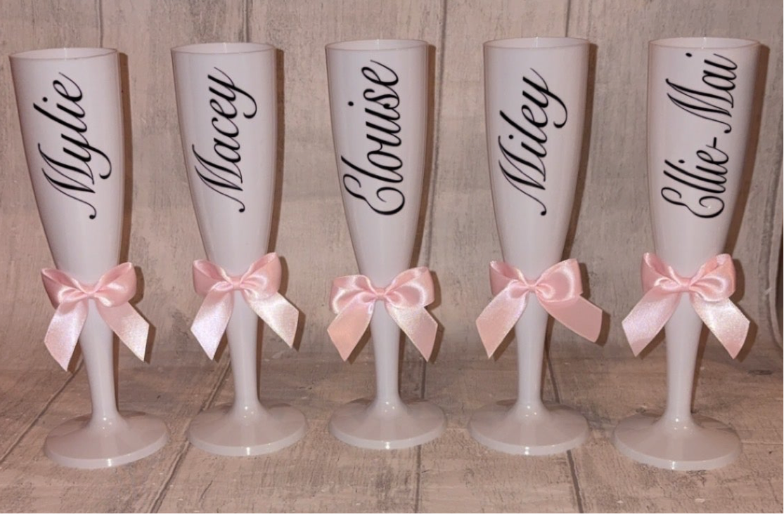 Personalised White Plastic Champagne Flute Birthday/Prom/Wedding