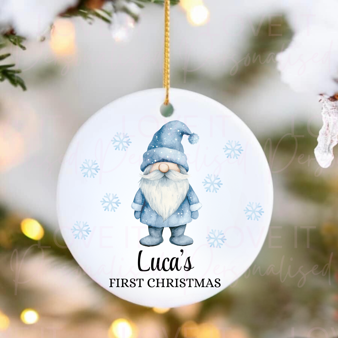 Personalised First Christmas Ceramic Ornament - Pink/Blue Gonk Design