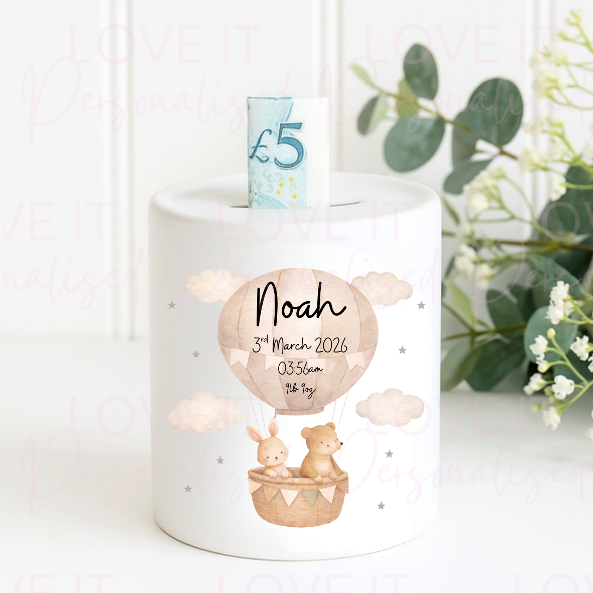 Personalised Hot Air Balloon Bear Money Box - Pink/Blue/Neutral/Grey