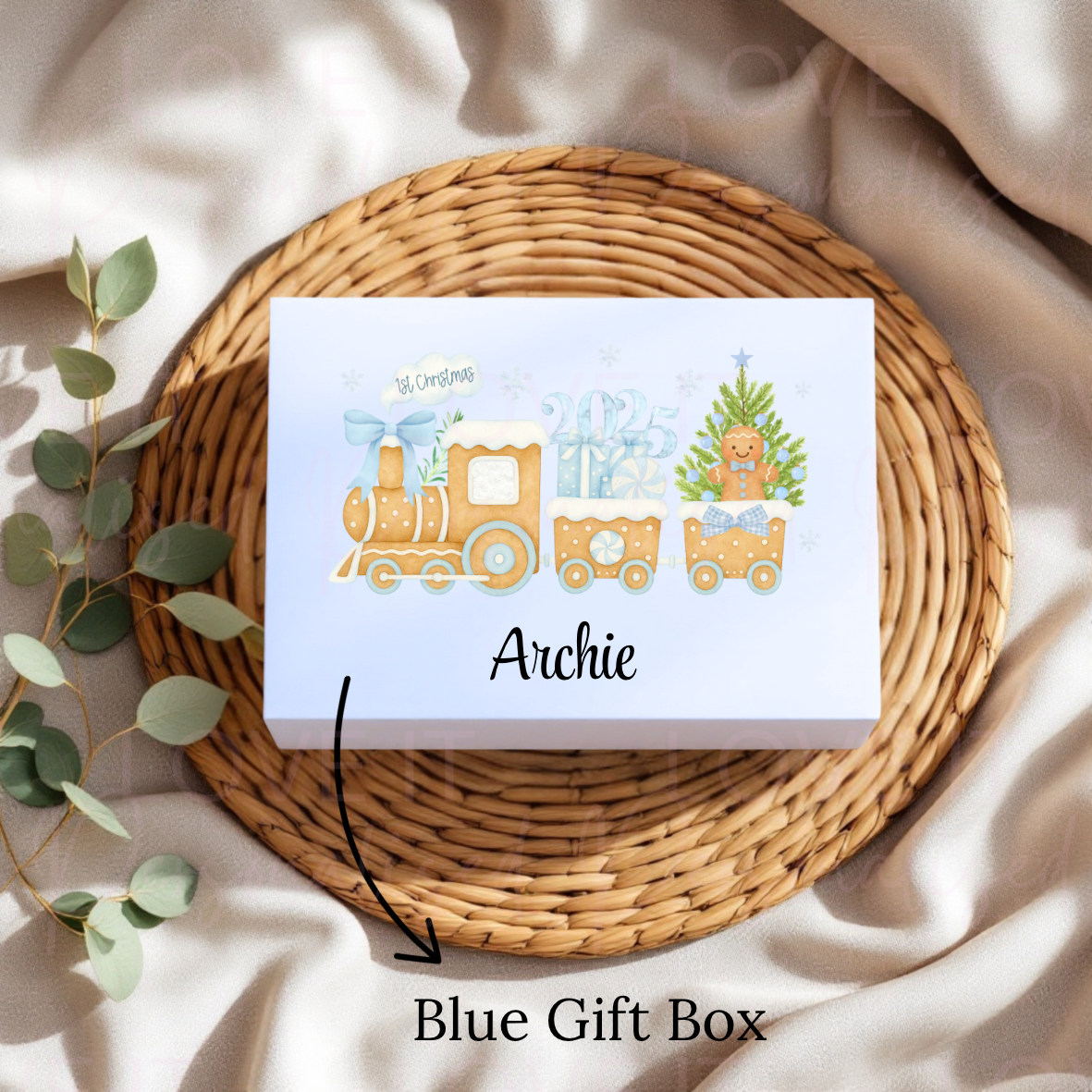 Personalised Christmas Magnetic Gift Box - Pink/Blue 1st Christmas Train Design