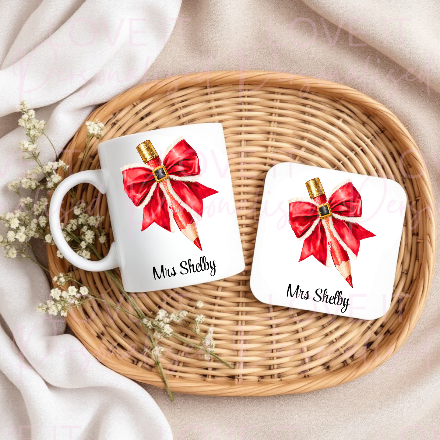 Personalised Christmas Pencil Bow Mug/Coaster
