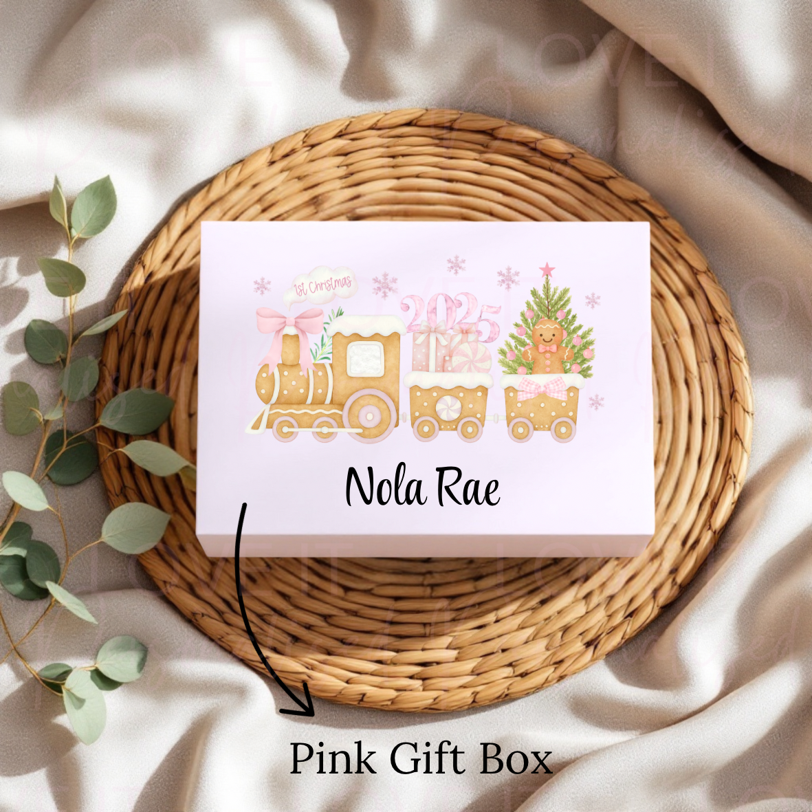 Personalised Christmas Magnetic Gift Box - Pink/Blue 1st Christmas Train Design