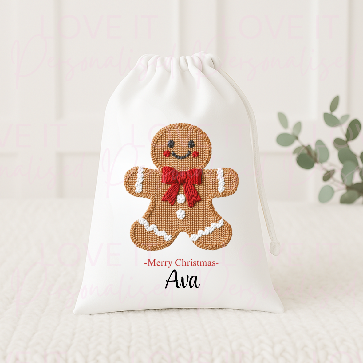 Personalised Christmas Eve Bag/Perfect for Pyjamas - Pink/Blue/Red Gingerbread Design