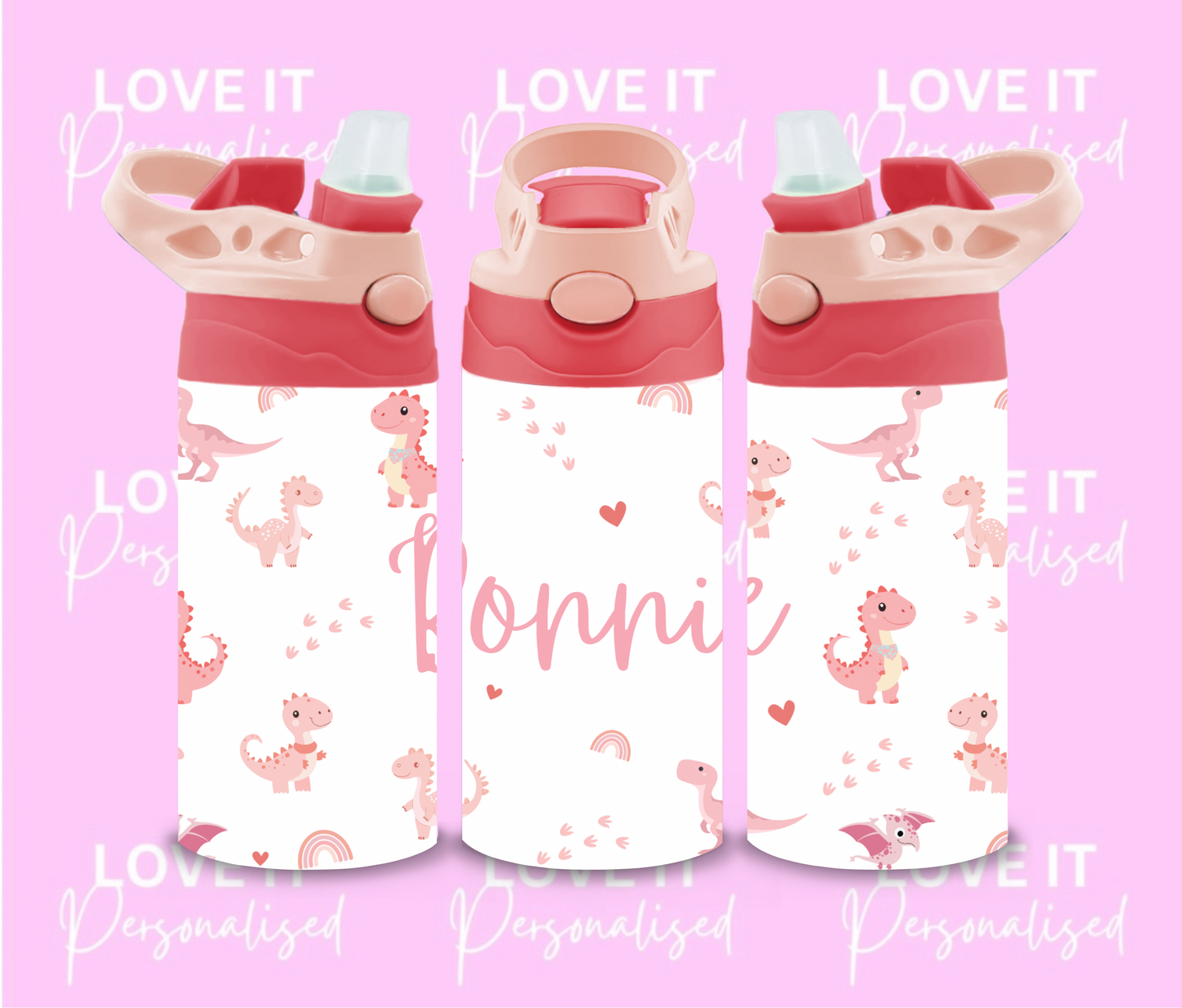 Personalised Pink Dinosaur 12oz Water Bottle