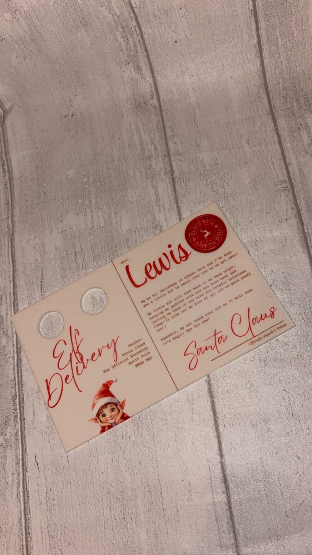 Personalised Elf Arrival Acrylic Postcard (elf not included)