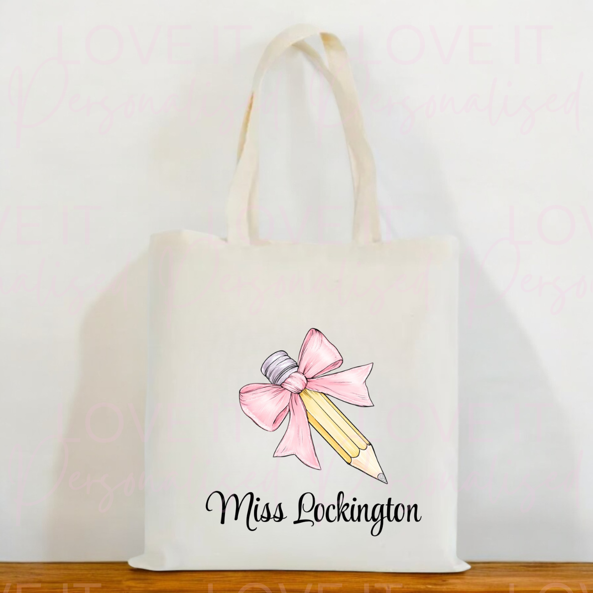 Personalised Bow Pencil Teacher Tote Bag