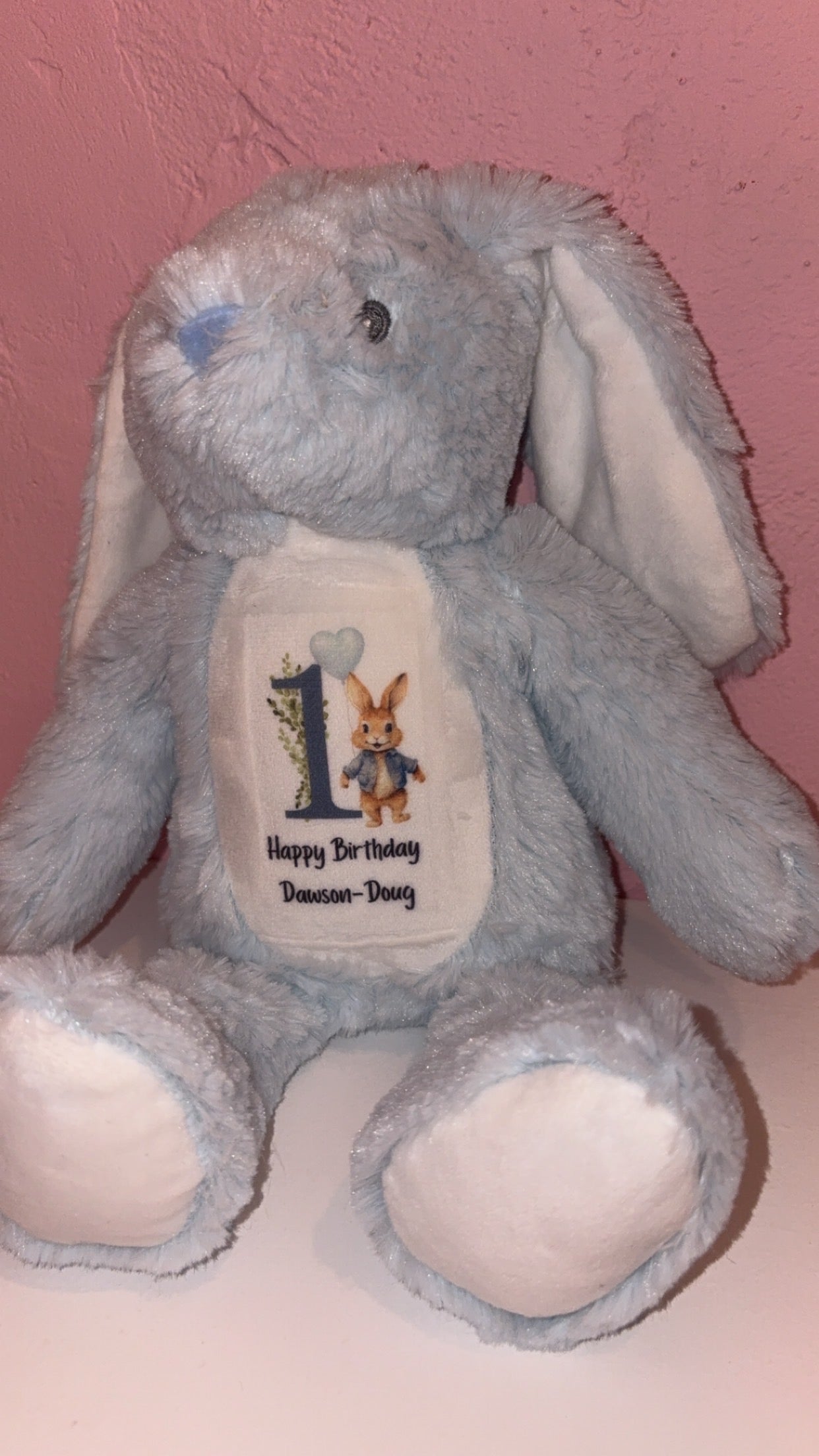 Personalised Birthday Bunny Teddy - Blue/Beige Bunny Boy Number Design